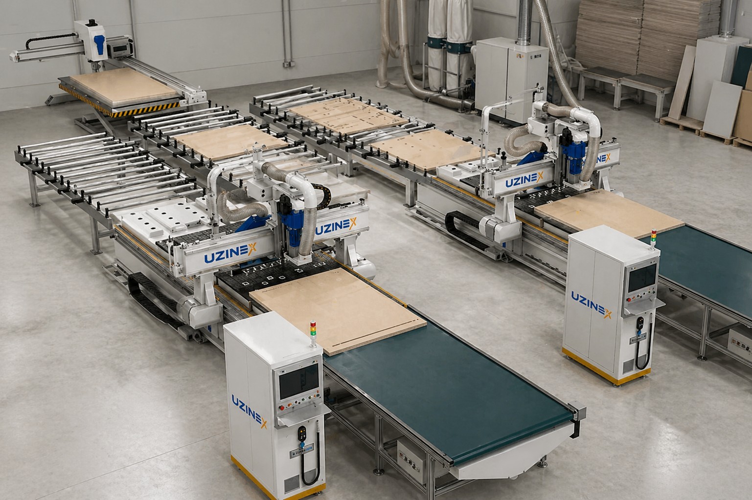Celulă CNC de Nesting pentru Mobilă | 2 Routere ATC, 240 Panouri/8h, Etichetare Automată